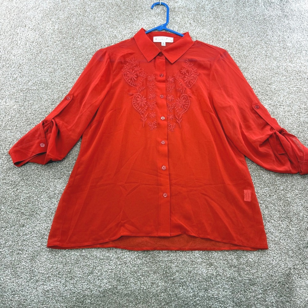 SurelyMine Rust Orange Embroidered Roll Tab Sleeve Button Down Blouse M Boho Med